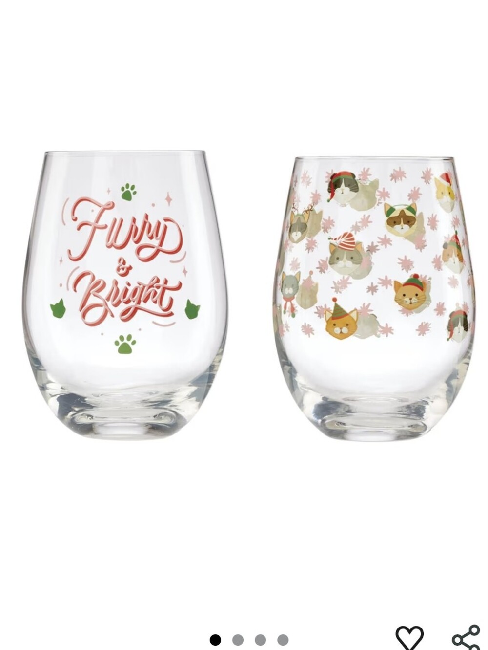 Furry & Bright Stemless Wine Glasses - Holiday Cat Paw Print Set